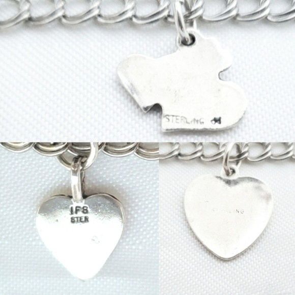Double Link Charm Bracelet Heart Charms 925 Sterling Silver 7" - Picture 6 of 13
